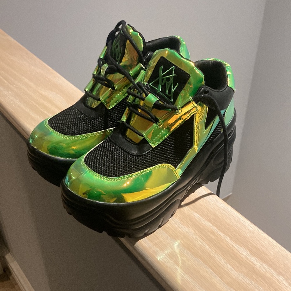 YRU Shoes MATRIXX green black holographic platform  shoes